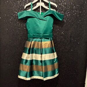 Girls Emerald Off-Shoulder Striped Party Dress